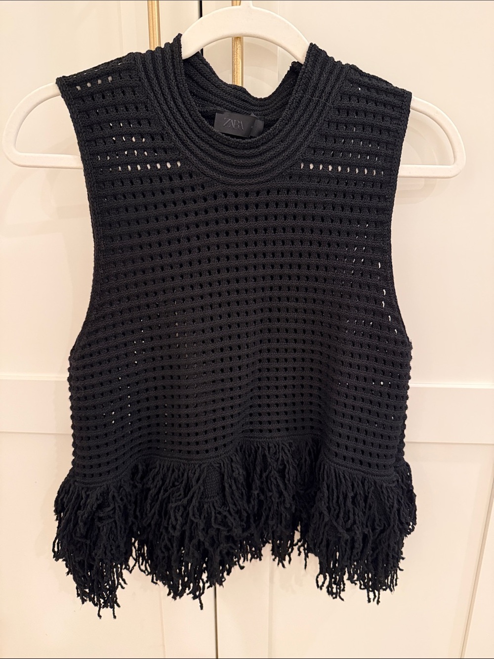 Zara Black Open-Knit Fringe Sleeveless Black Small